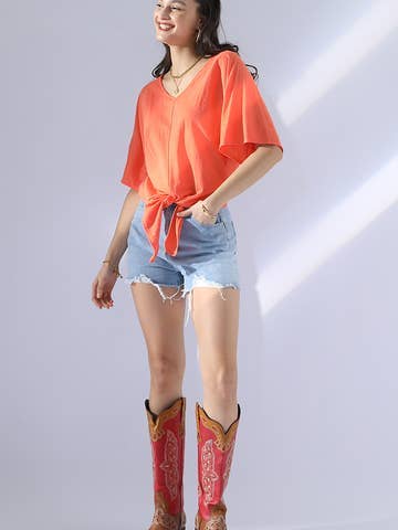 V NECK TIE UP SHORT SLEEVE CASUAL COOL TOP: Orange