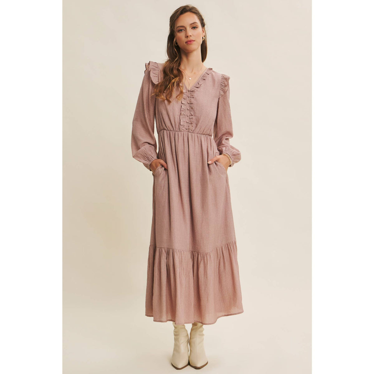 ROMANTIC TWIST OF TEXTURED BUTTON-DOWN MAXI DRESS: SILVER PINE / L