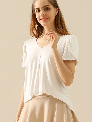 SOLID V NECK SHORT TULIP SLEEVE TUNIC TOPS: