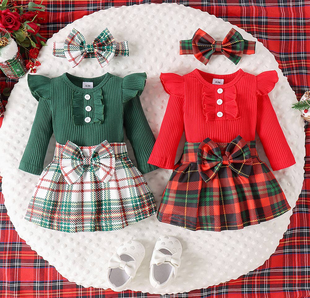 Plaid Ruffled Baby Dress & Headband: Green
