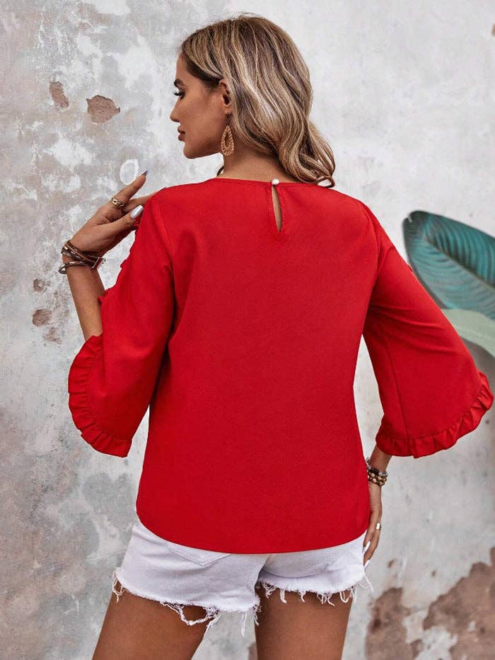 Women’s Solid Ruffle Sleeve Loose Fit Summer Blouse: Red / 95% and above polyester (polyester fiber) / M
