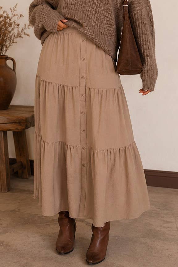 Button Front Tiered Maxi Skirt: Khaki / S