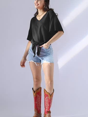 V NECK TIE UP SHORT SLEEVE CASUAL COOL TOP: Orange