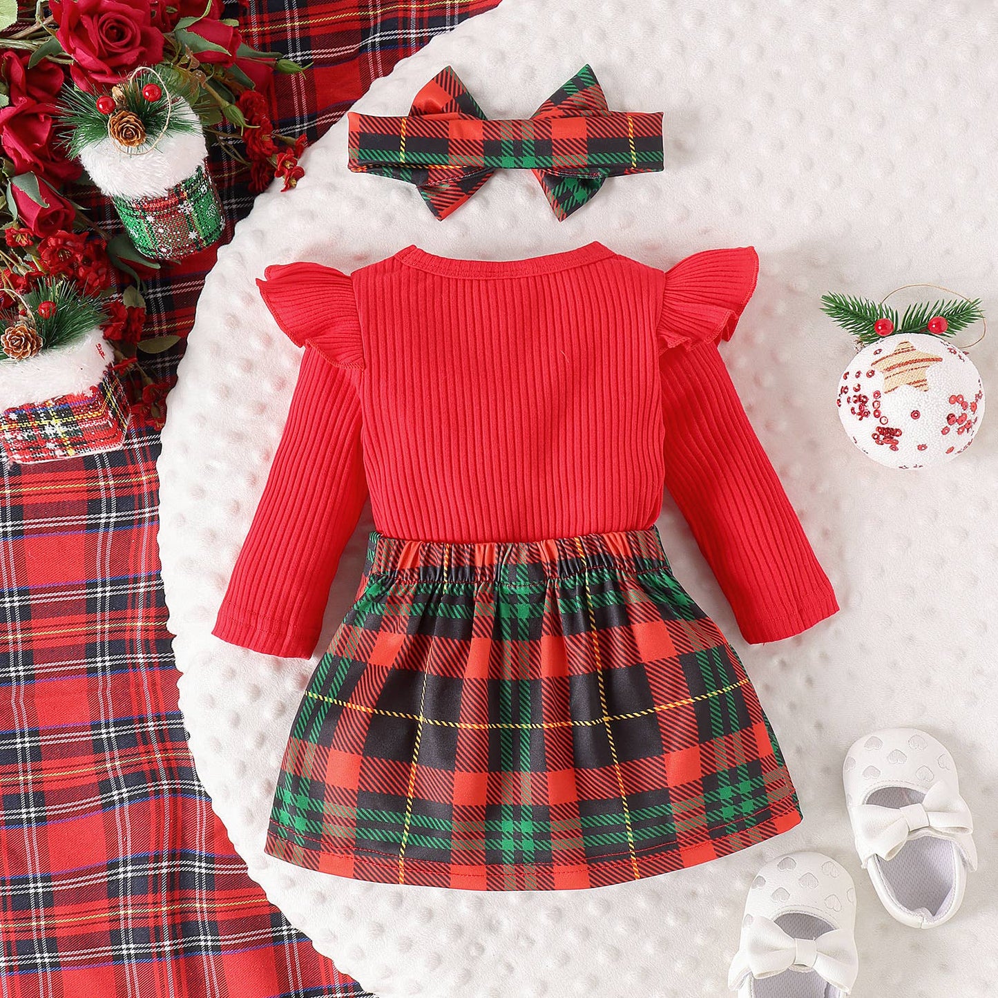 Plaid Ruffled Baby Dress & Headband: Green