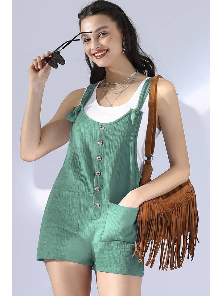 SHOLUDER BOW TIE SHORT JUMPSUIT ROMPER: SAGEGREEN