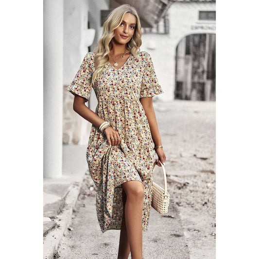 Boho Floral Ruffle Hem V Neck Short Sleeve Dress: BEIGE