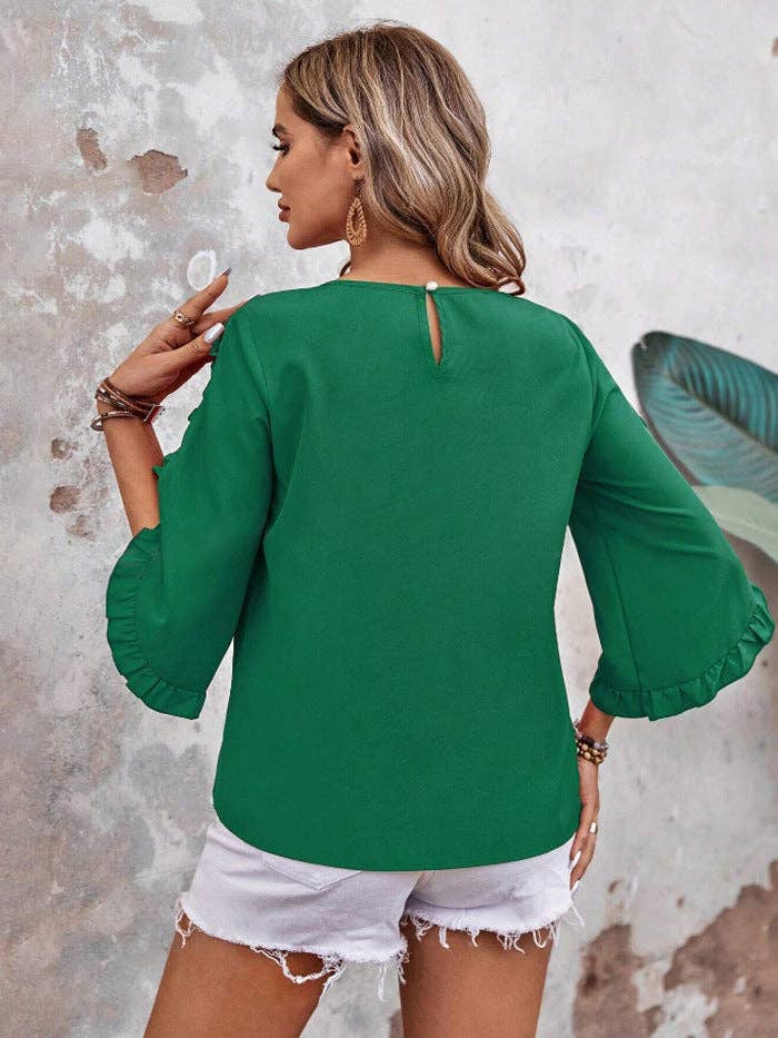 Women’s Solid Ruffle Sleeve Loose Fit Summer Blouse: Red / 95% and above polyester (polyester fiber) / 2XL