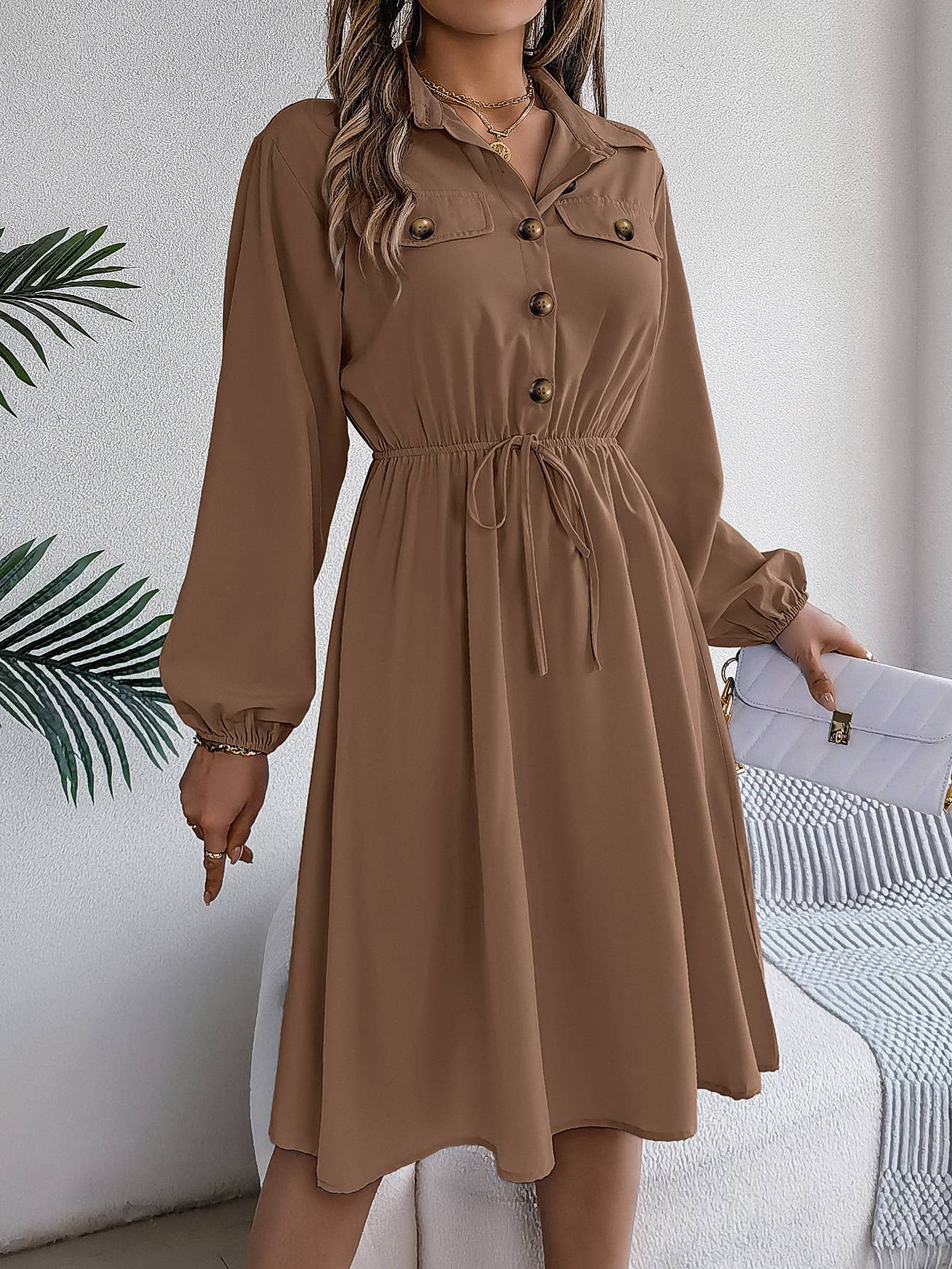 CASUAL BUTTON-UP WAIST LONG SLEEVE SHIRT DRESS: LIGHTBLUE / (XL) 1