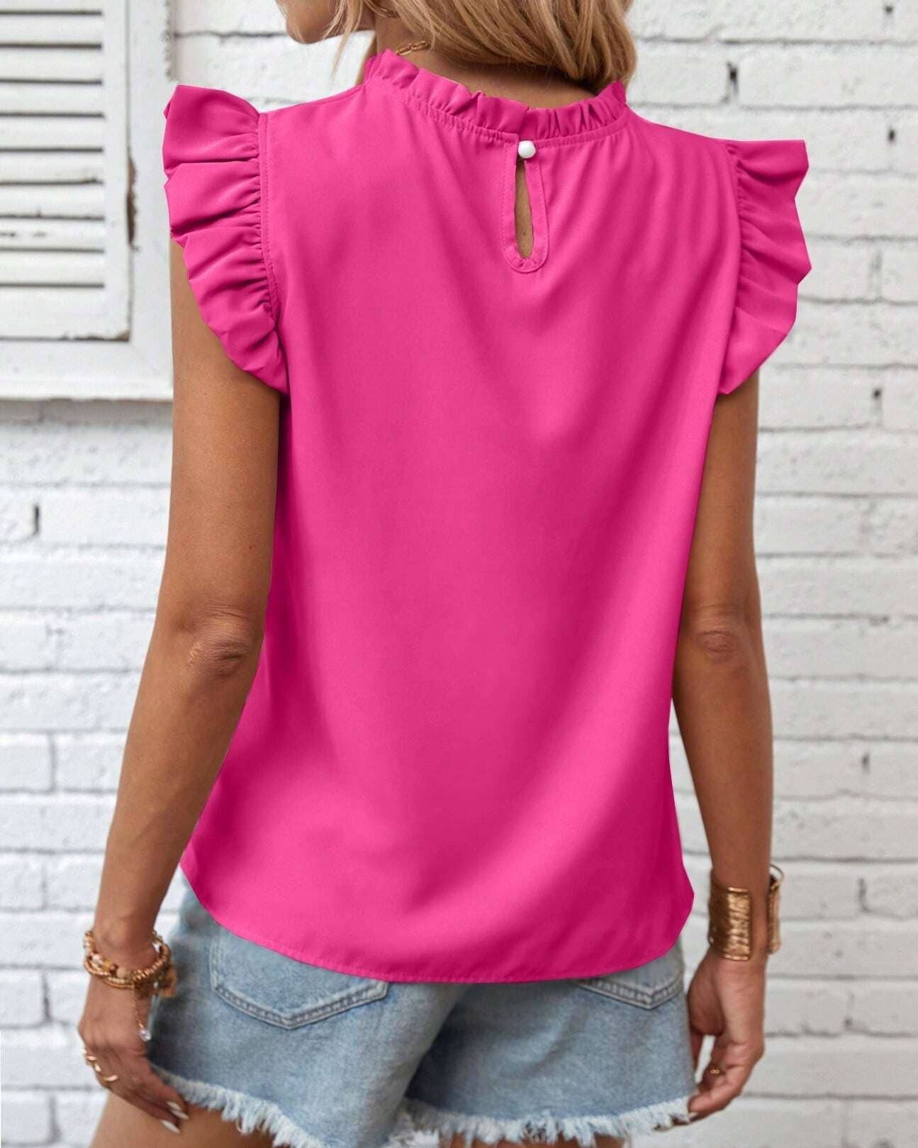 Everyday Round Neck Ruffled Sleeve Solid Color Top
