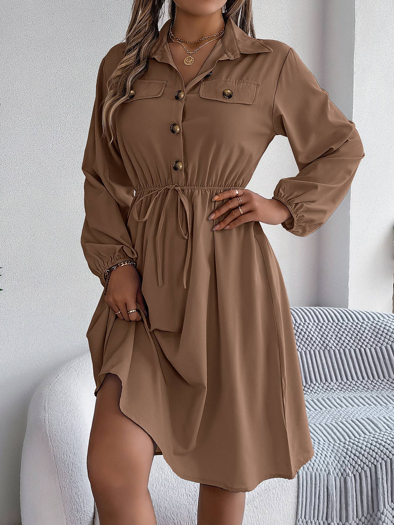 CASUAL BUTTON-UP WAIST LONG SLEEVE SHIRT DRESS: LIGHTBLUE / (XL) 1